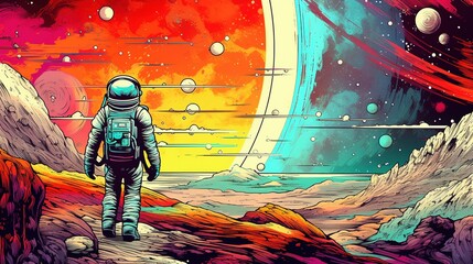Generative AI, Psychedelic Space banner template, nostalgic 80s, 90s background. Horizontal illustration of the future landscape with mountains, planets, trees, moon. Surrealist escapism concept.. - obrazy, fototapety, plakaty
