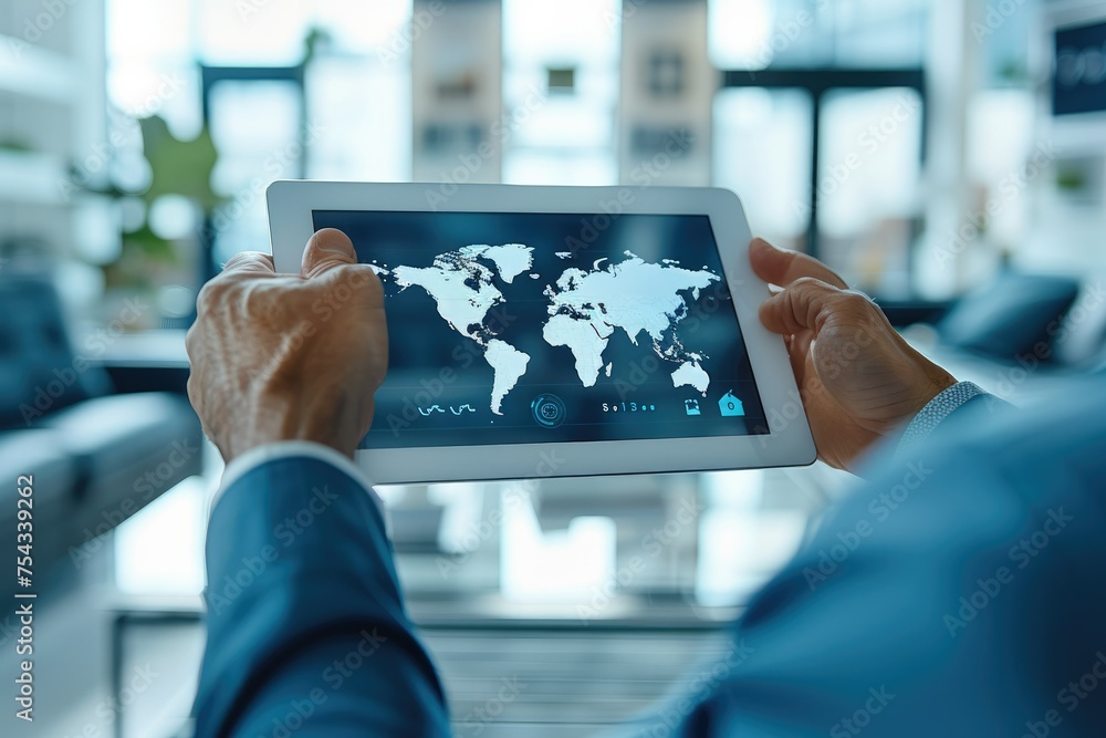 Poster professional business people using a global online ordering platform interface on a digital tablet, 