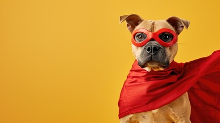 Dog super hero costume with a red mask for carnival party isolated yellow background, generative ai
