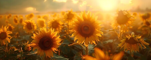 Awakening of a sunflower field in the early morning sunlight. Concept Nature Photography, Sunrise, Sunflowers, Landscape, Morning Light