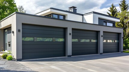 Modern Car Garage with remote-controlled automatic Door in Front of a residential Building,Modern and luxurious garage with driveway and roller door
