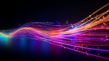 Glowing smooth lines abstract background. Luminous neon pattern. Decorative horizontal banner. Digital artwork raster bitmap illustration. Purple and pink bright colors. AI artwork.