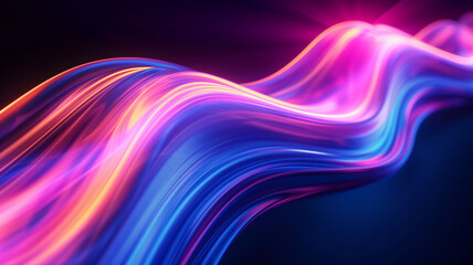 Neon smooth lines abstract background. Luminous glowing wave pattern. Decorative horizontal banner. Digital artwork raster bitmap illustration. Purple and blue bright colors.