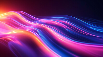 Naklejka premium Neon smooth lines abstract background. Luminous glowing wave pattern. Decorative horizontal banner. Digital artwork raster bitmap illustration. Purple and blue bright colors. AI artwork.