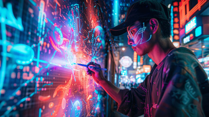 Man drawing with pen on futuristic AR interface, neon-lit city backdrop, cyberpunk style