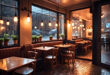 Cozy cafe interior for relaxing ambience. Warm and soothing environment with rain outside  - obrazy, fototapety, plakaty