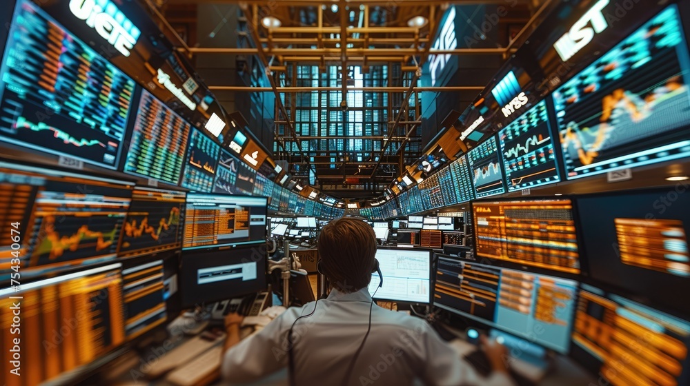 Aufkleber led screen on a broker desktop in a busy trading floor. generative ai.