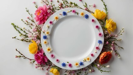  Plate decorated with flowers, spring composition on white background, space for text in the center