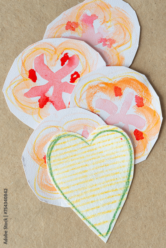 Canvas Prints paper heart with yellow stripes and green outline on paper circles with floral designs