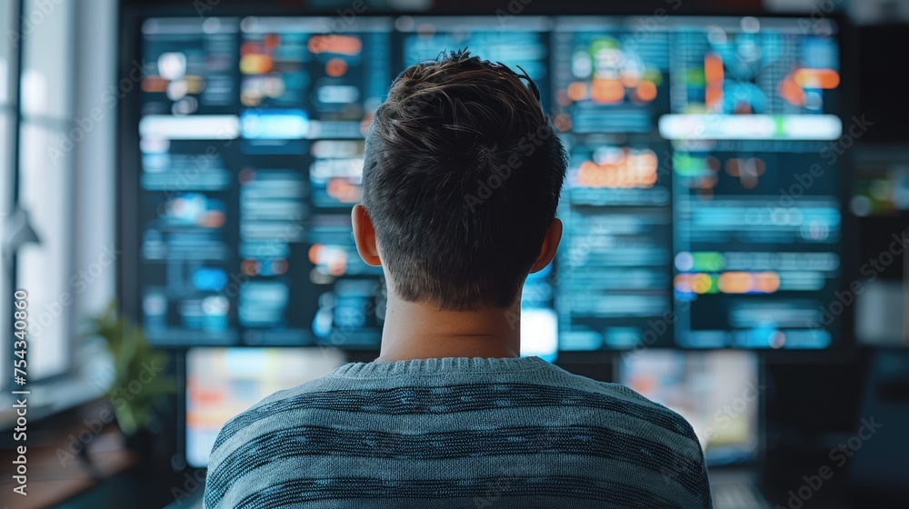 Poster systems engineer from behind looks at a server administration panel on a monitor in a startup office