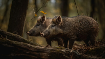 Wild boars in nature. Illustration AI Generative