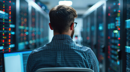 Systems engineer from behind looks at a server administration panel on a monitor in a startup office. Generative AI. - obrazy, fototapety, plakaty