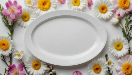 Oval white plate surrounded by flowers, space for text in the center, banner