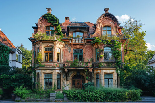 Elegant historic German mansion engulfed by lush greenery on a sunny day