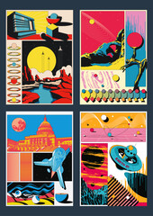 Obraz premium Abstract Dimensions Poster Set. Space, Spacecraft, Orbital Station, Capitol, Moon, Alien Landscapes. Geometric Shapes, 1980s Colors 