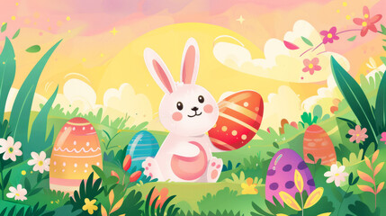 Fototapeta premium Colorful happy Easter day illustration with bunny and eggs