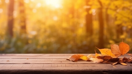 Naklejka na ściany i meble Wooden table with autumn background. Illustration AI Generative