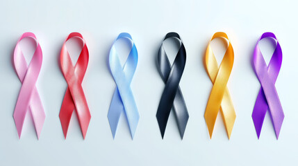 Assorted colored ribbons representing world cancer awareness on a white background