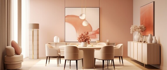 3D design of living room in beige colors. Illustration AI Generative.