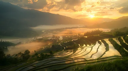Foto auf Alu-Dibond mountain landscape of Pa-Pong-Peang terrace paddy rice field at sunset © Ziyan