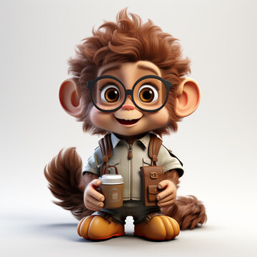 3d character monkey cartoon character wearing a shirt. It looks smart and smiles cheerfully.