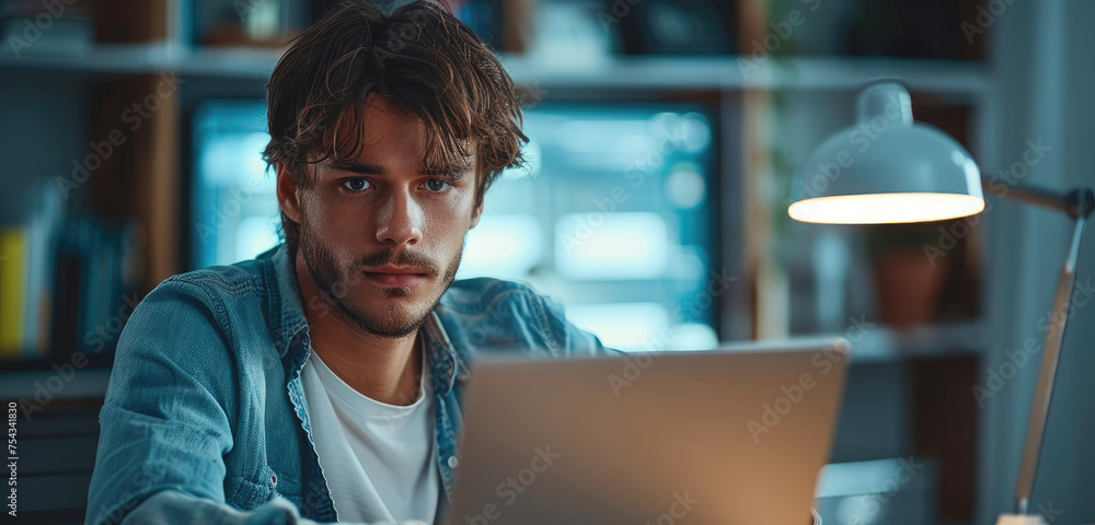 Poster man working behind notebook. generative ai.