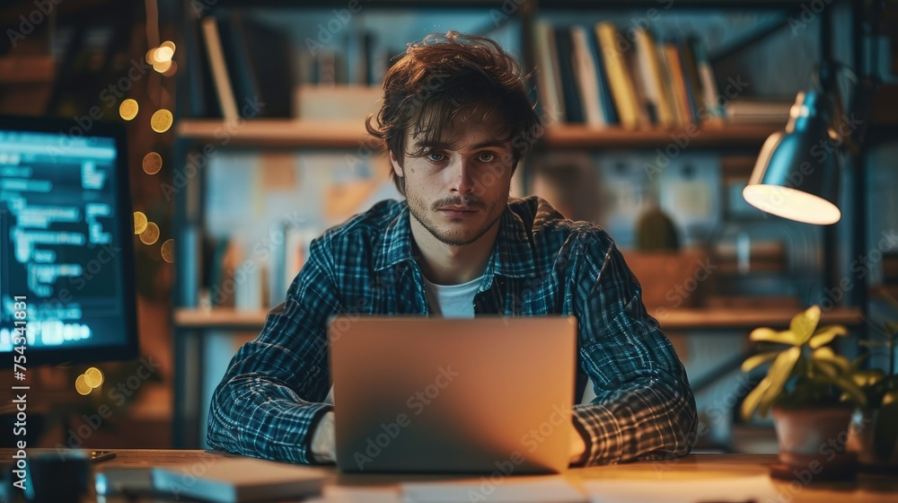 Poster man working behind notebook. generative ai.