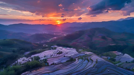 Zelfklevend Fotobehang mountain landscape of Pa-Pong-Peang terrace paddy rice field at sunset © Ziyan