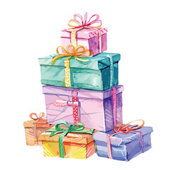 A stack of colorful presents. watercolor clipart isolated