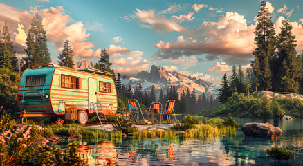Vintage camper trailer at the lake with a camp table and chairs - obrazy, fototapety, plakaty
