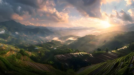 Stof per meter mountain landscape of Pa-Pong-Peang terrace paddy rice field at sunset © Ziyan