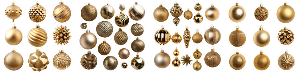 Golden Christmas Ornaments Variety Isolated on Transparent Background.