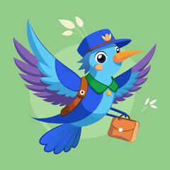 Blue cartoon hummingbird with a postman bag