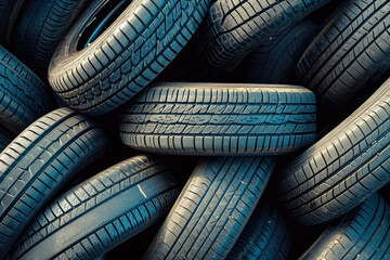 Stacked used car tires against blue sky background in tire recycling facility