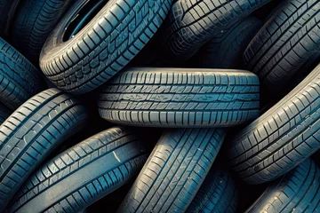 Foto op Aluminium Stacked used car tires against blue sky background in tire recycling facility © SHOTPRIME STUDIO