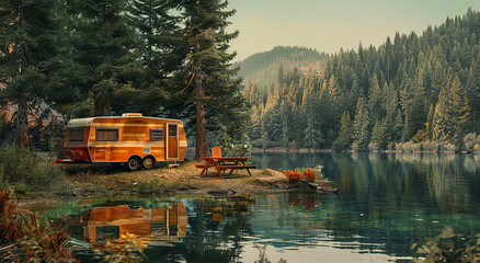 Vintage camper trailer at the lake with a camp table and chairs - obrazy, fototapety, plakaty