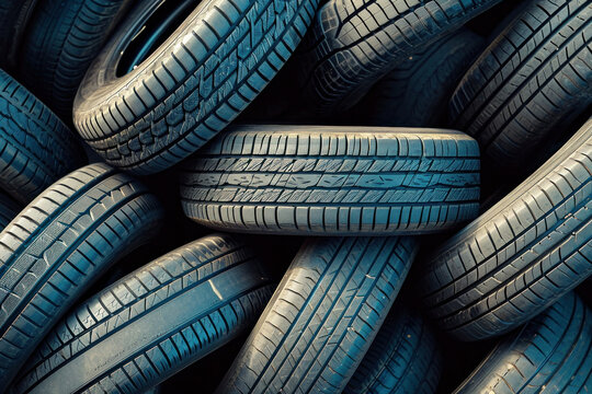 Stacked used car tires against blue sky background in tire recycling facility