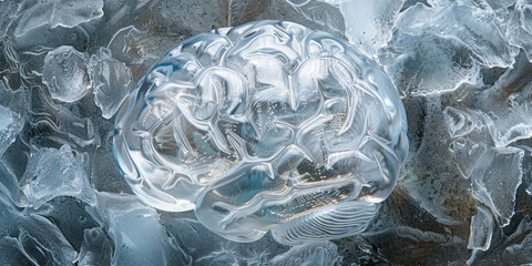 Frozen Brain Sculpture atop Ice Crystal Pile Intricate Frozen Artwork Representing Human Mind and Creativity