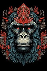 Gorilla head mandala. Tattoo design with ornaments.