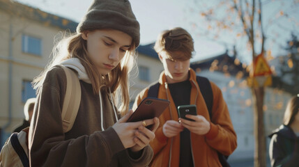 Group of young people using smart mobile devices outside - Trendy technology concept with man and woman playing video game apps on smartphones
