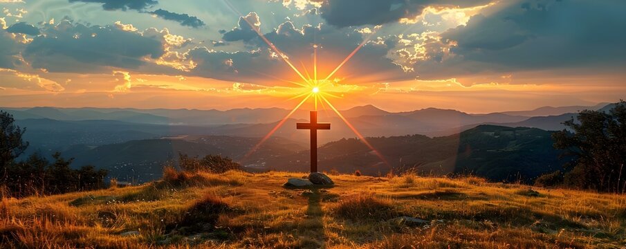 Sunrise Service: Cross and Rising Sun. Concept Religious Ceremony, Easter Celebration, Spiritual Experience, Fire and Symbolism