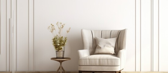A beige armchair and a table placed in a bright room with a white wall. The furniture is neatly arranged and creates a simple yet functional space. The room appears well-lit and clean.