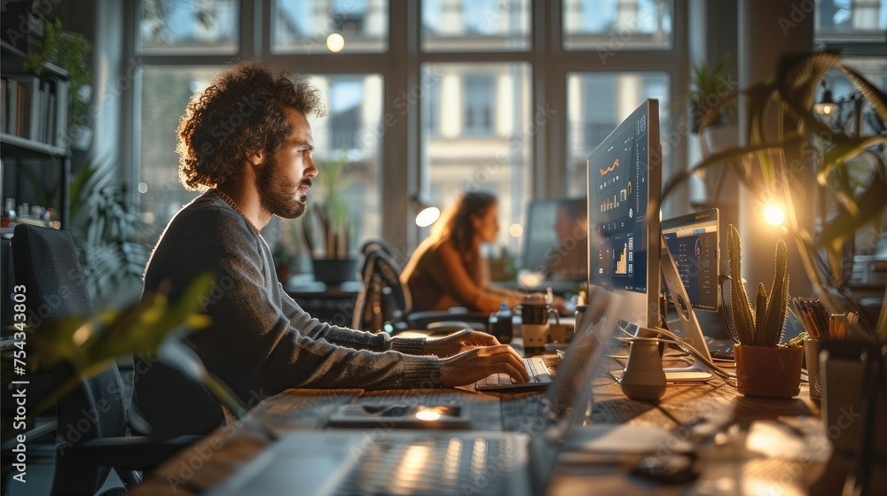 Poster marketing analysts and specialists working in a modern open space office during a focused afternoon,