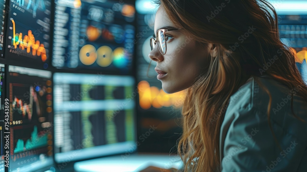 Poster professional woman analyzing data on a computer screen, which displays graphs and social media stati