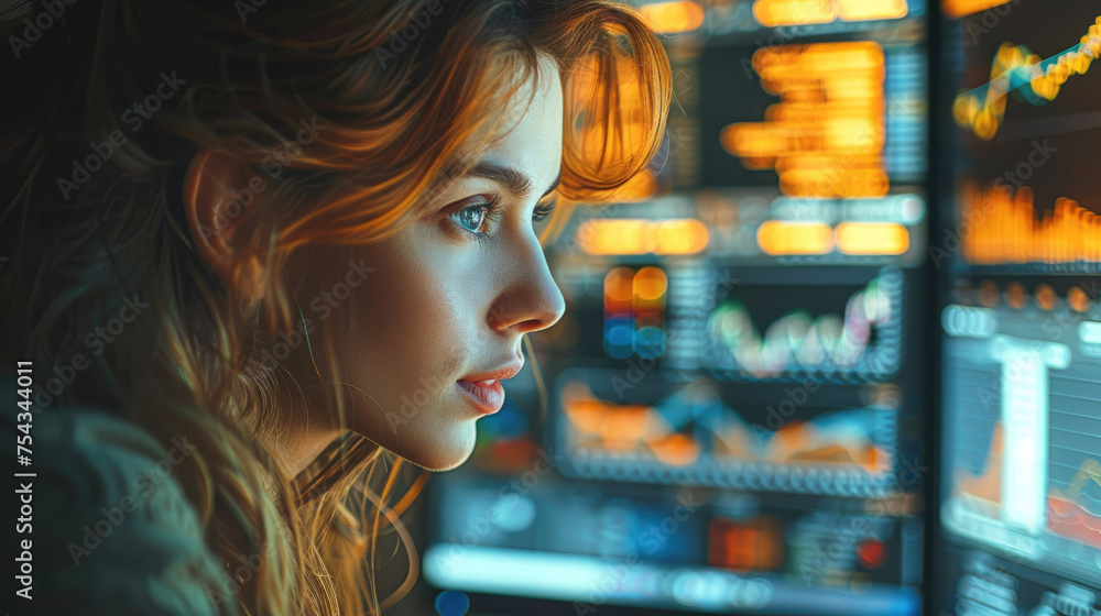 Poster professional woman analyzing data on a computer screen, which displays graphs and social media stati