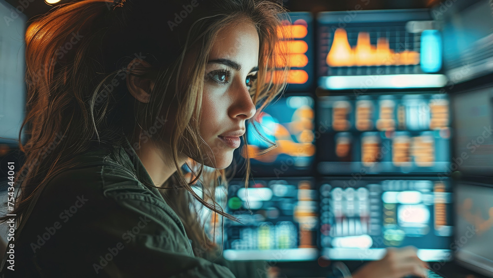 Poster professional woman analyzing data on a computer screen, which displays graphs and social media stati