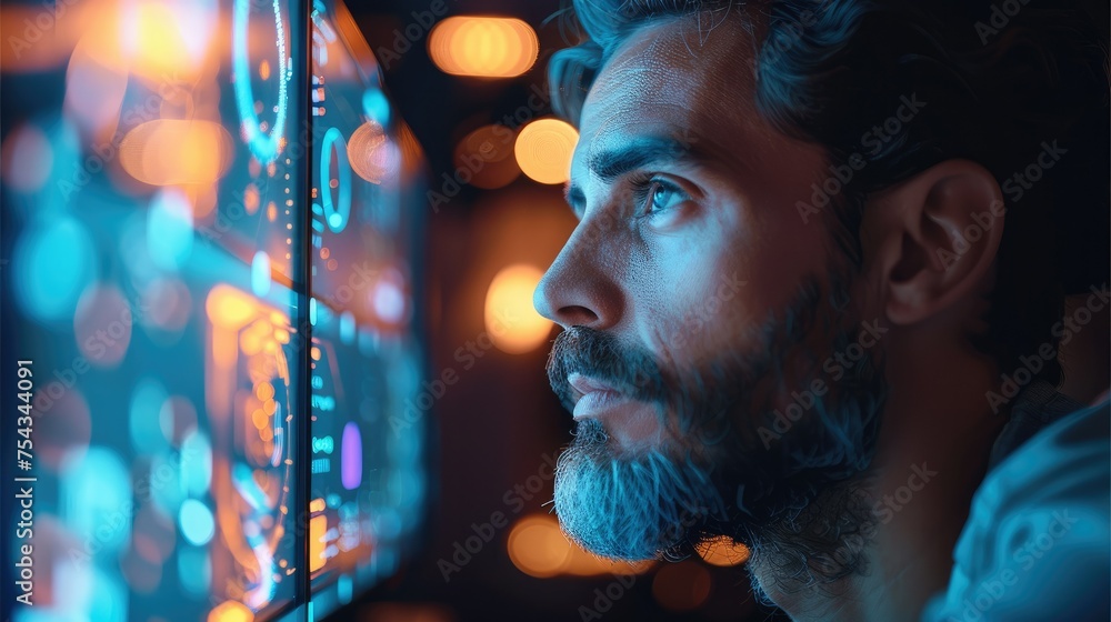 Poster Man working with artificial intelligence talking on video call. Generative AI.