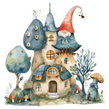 A whimsical gnome village. watercolor clipart isolated
