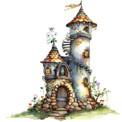 Fototapeta na wymiar A whimsical wizards tower. watercolor clipart isolated