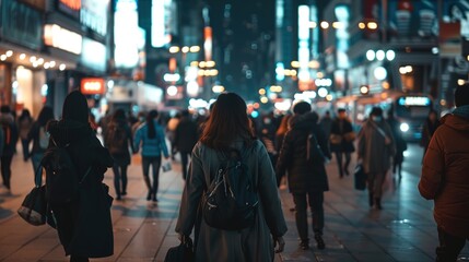 An unrecognizable mass of people walking around the city at nighttime - obrazy, fototapety, plakaty